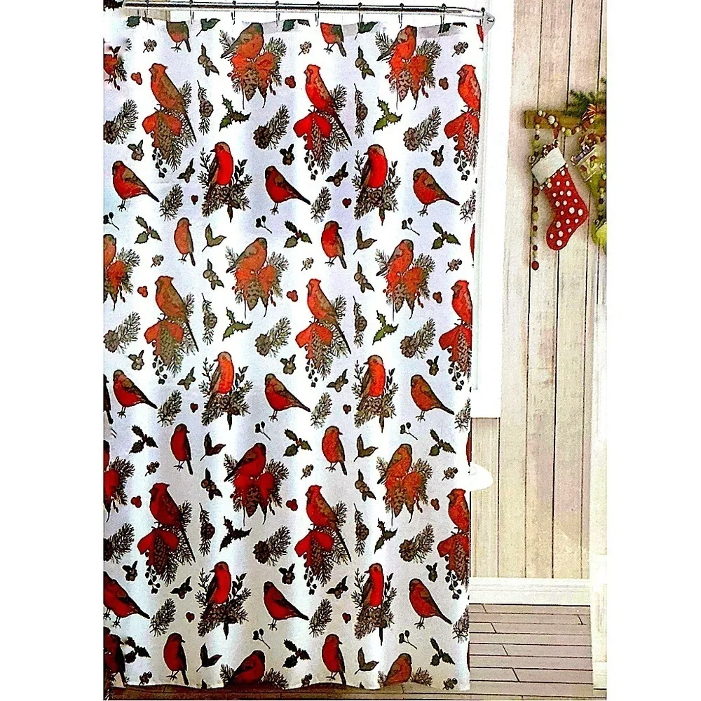 Christmas Cardinals Birds Winter Holiday Fabric Shower Curtain White Red 70 x 72